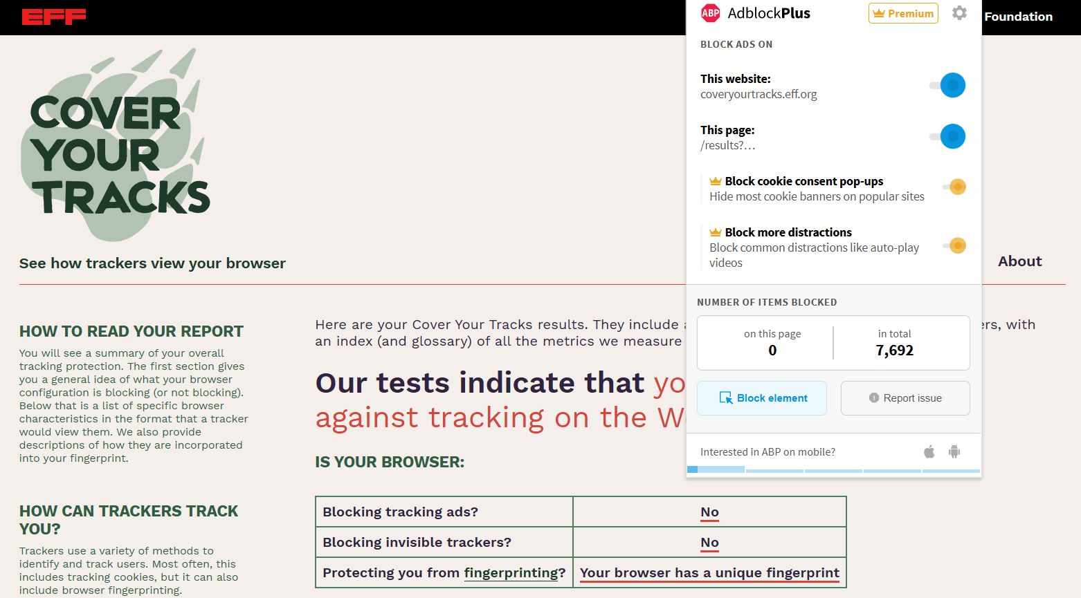 Adblock Plus's Cover Your Tracks results (0/3)