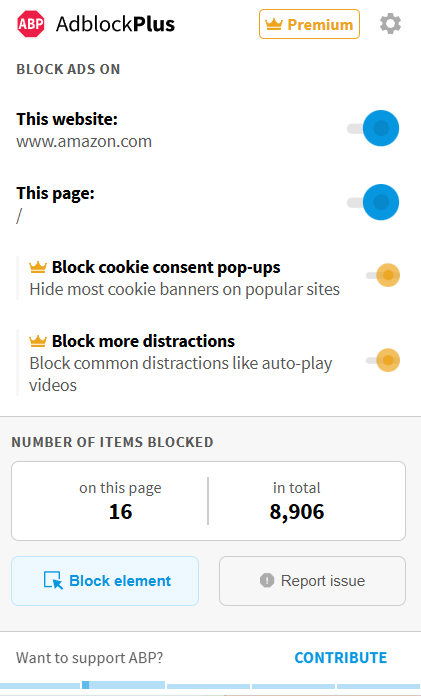Adblock Plus extension showing number of items blocked and toggles
