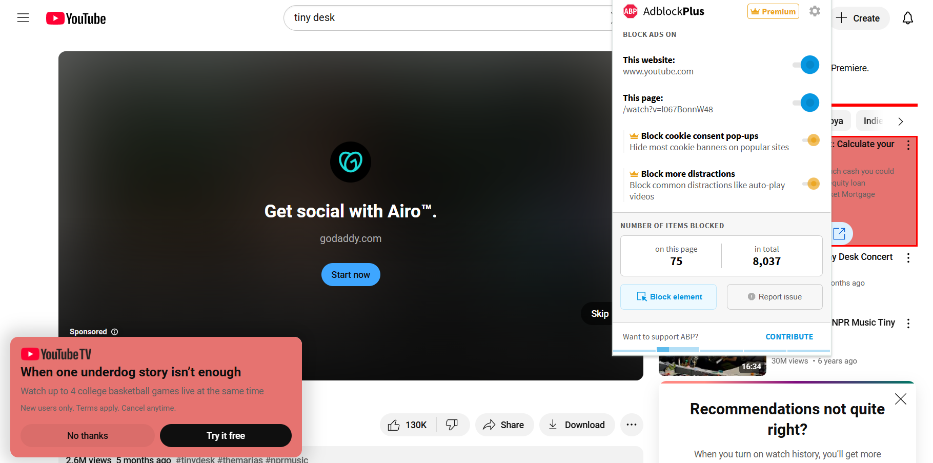 A YouTube video playing a pre-roll ad with Adblock Plus enabled in the foreground.