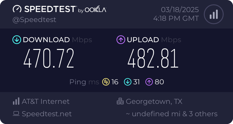 Baseline speed before testing hide.me VPN (470.72 download, 482.81 upload, 16 ms)