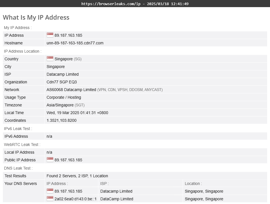 hide.me's DNS leak test results (pass)