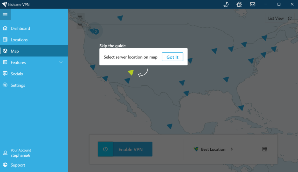 hide.me dashboard in the process of a tutorial on how to select a server