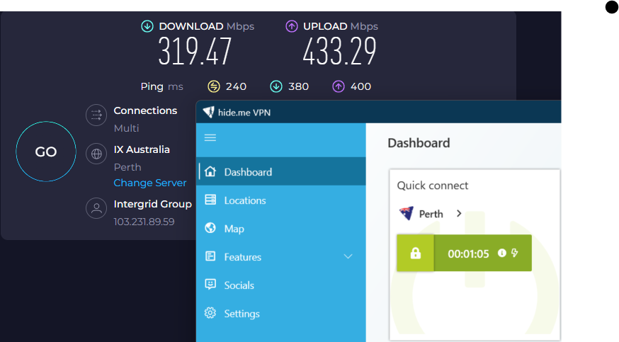 Speed test results for hide.me while connected to a server in Perth (319.47 download, 433.29 upload, 240 ping)