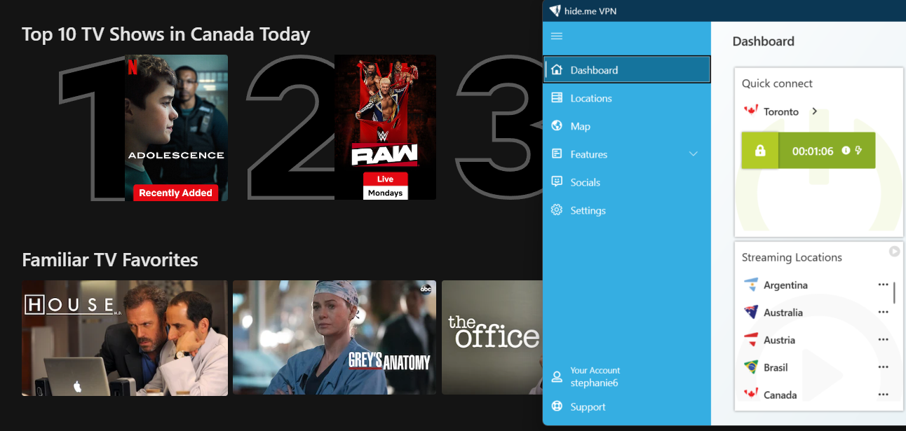 Netflix list of top shows in Canada today with hide.me in the foreground