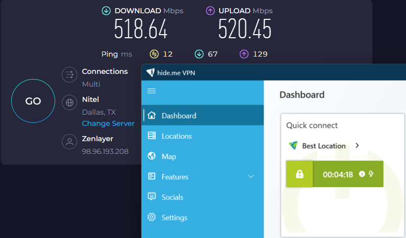 Speed test results for hide.me while connected to a server in Dallas (518.64 download, 520.45 upload, 12 ping)
