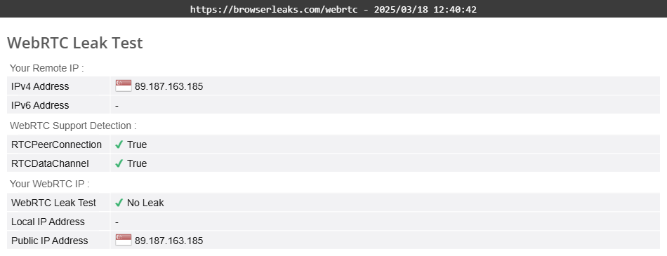 hide.me's WebRTC leak test results (pass)