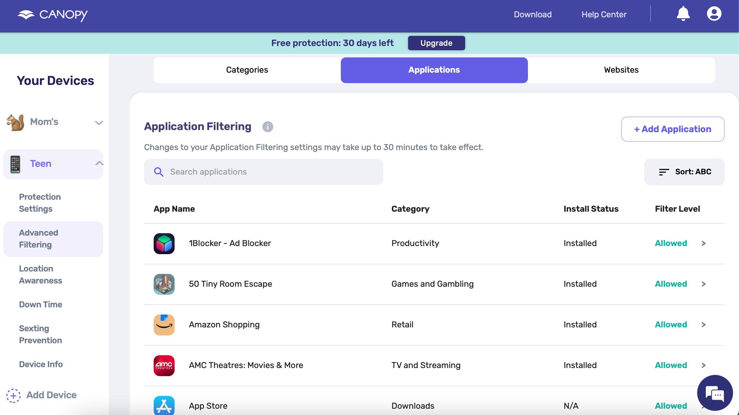 Canopy Application Filtering for All About Cookies iPhone test
