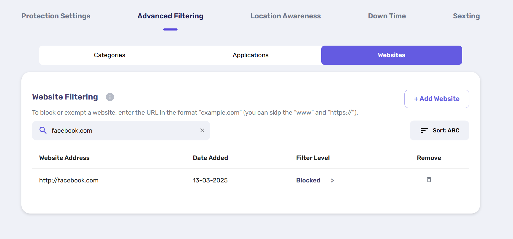 Canopy lets you blacklist websites with Advanced Filtering for All About Cookies Android test
