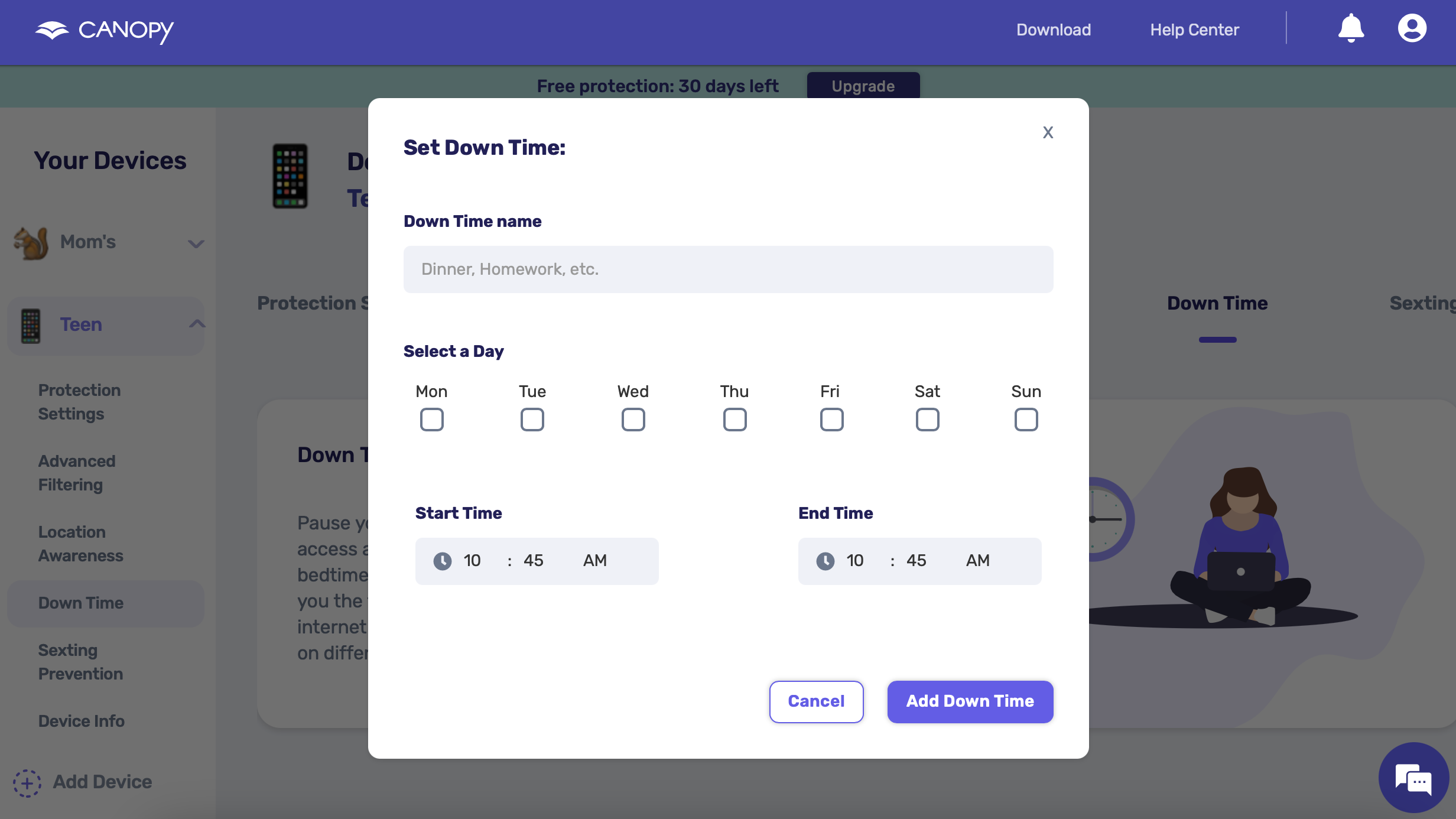 With Canopy screen time management, we could set a down time schedule