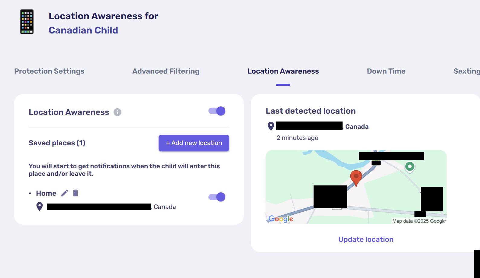 Canopy parental control app Location Awareness for All About Cookies Android test