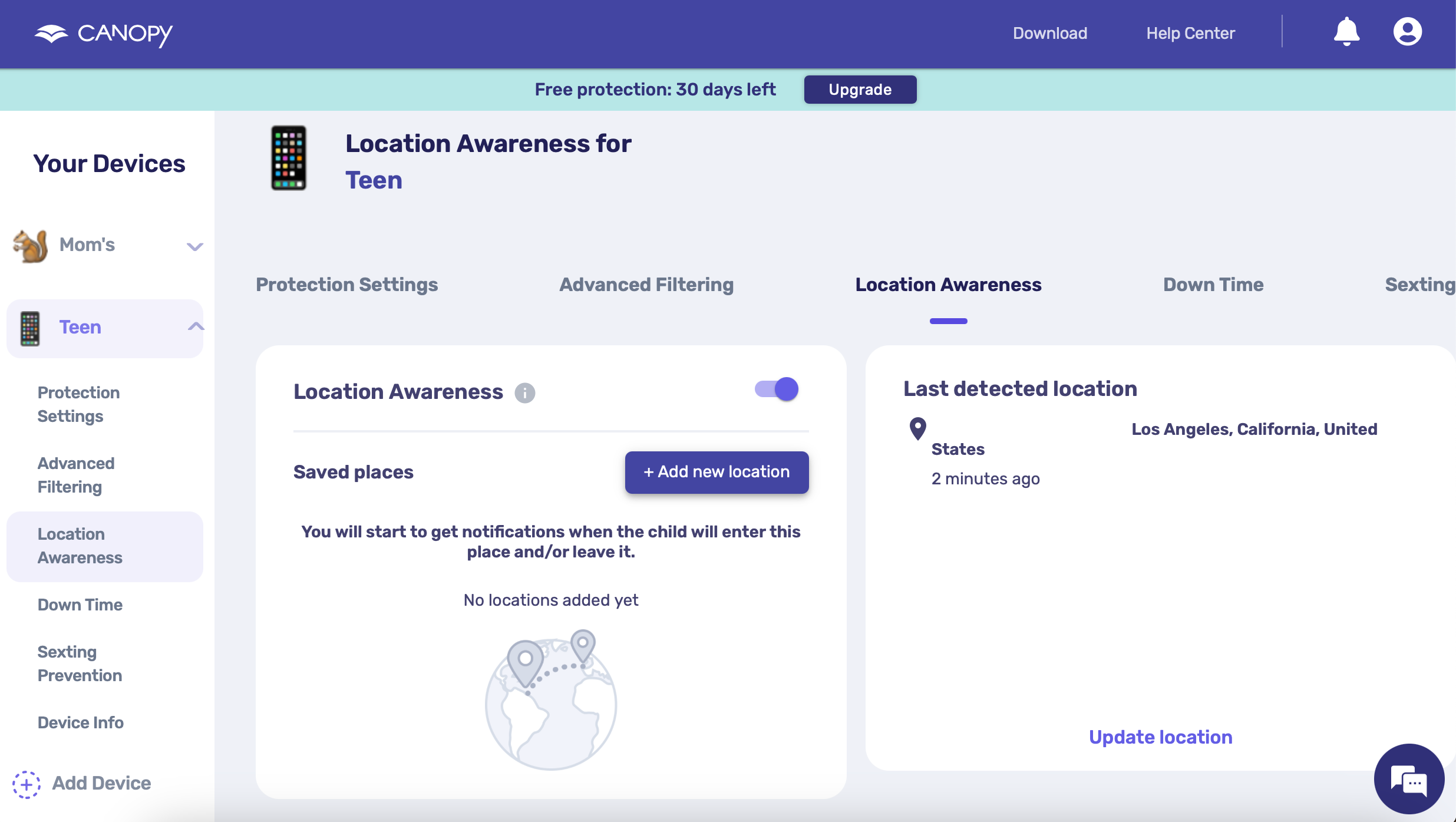 Canopy Location Awareness dashboard for All About Cookies iPhone test