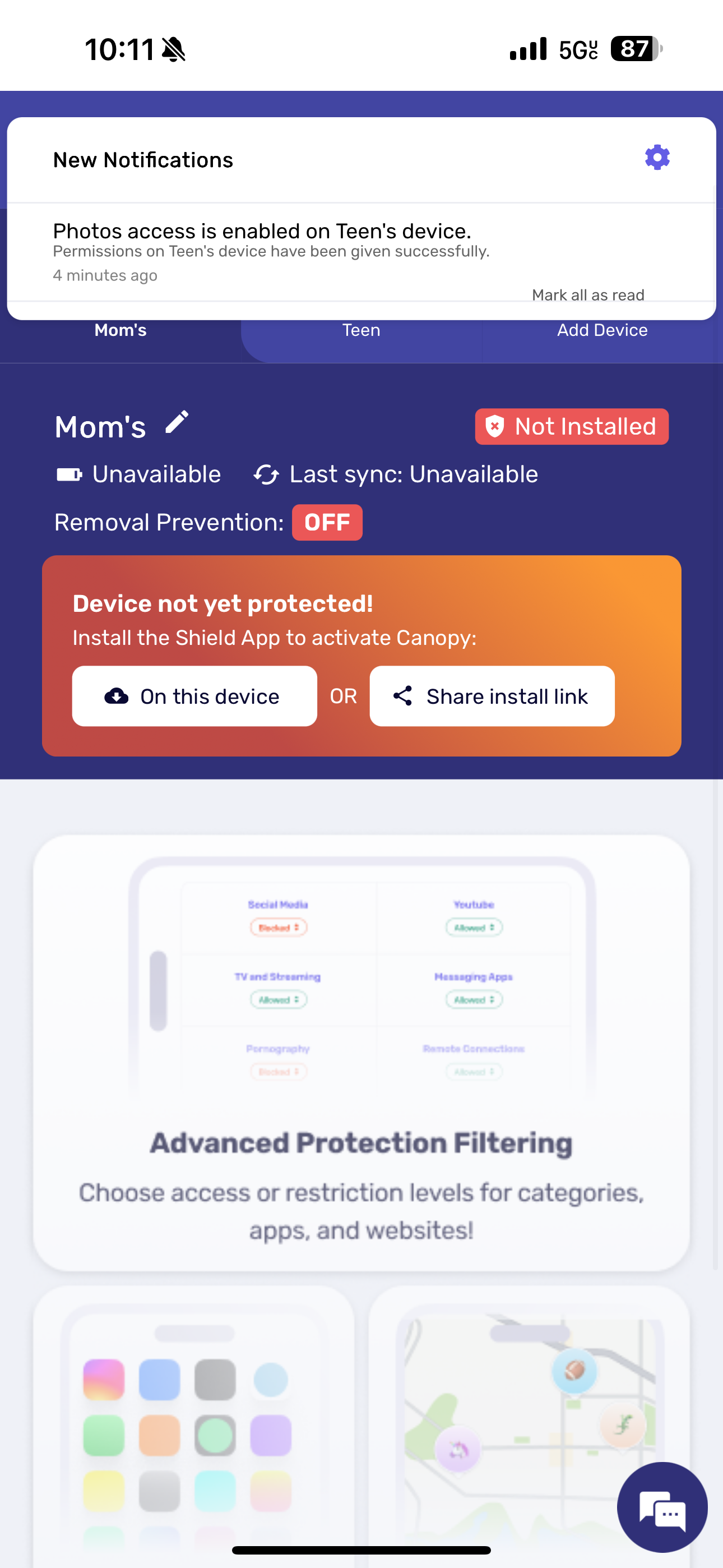 Canopy parental control app didn't sync in real time for All About Cookies iPhone test