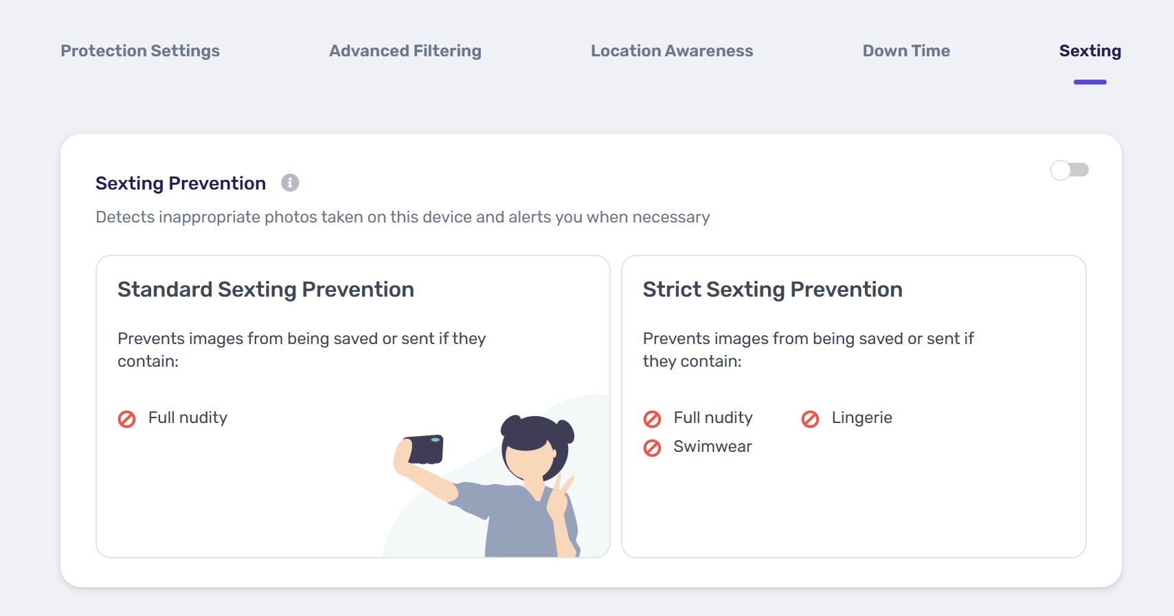 Canopy parental control app Sexting Prevention settings for Android