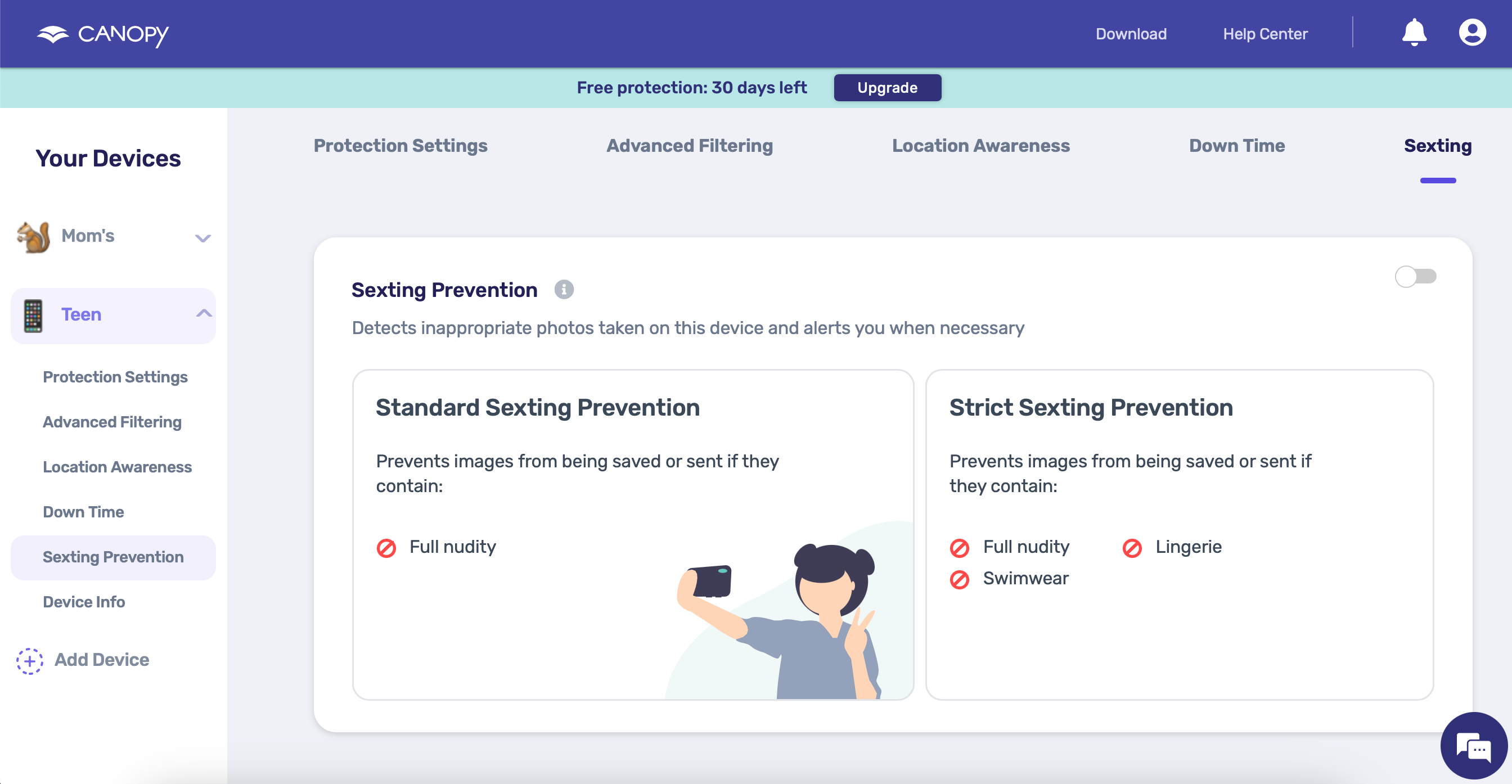 Canopy offers standard or strict Sexting Prevention options 