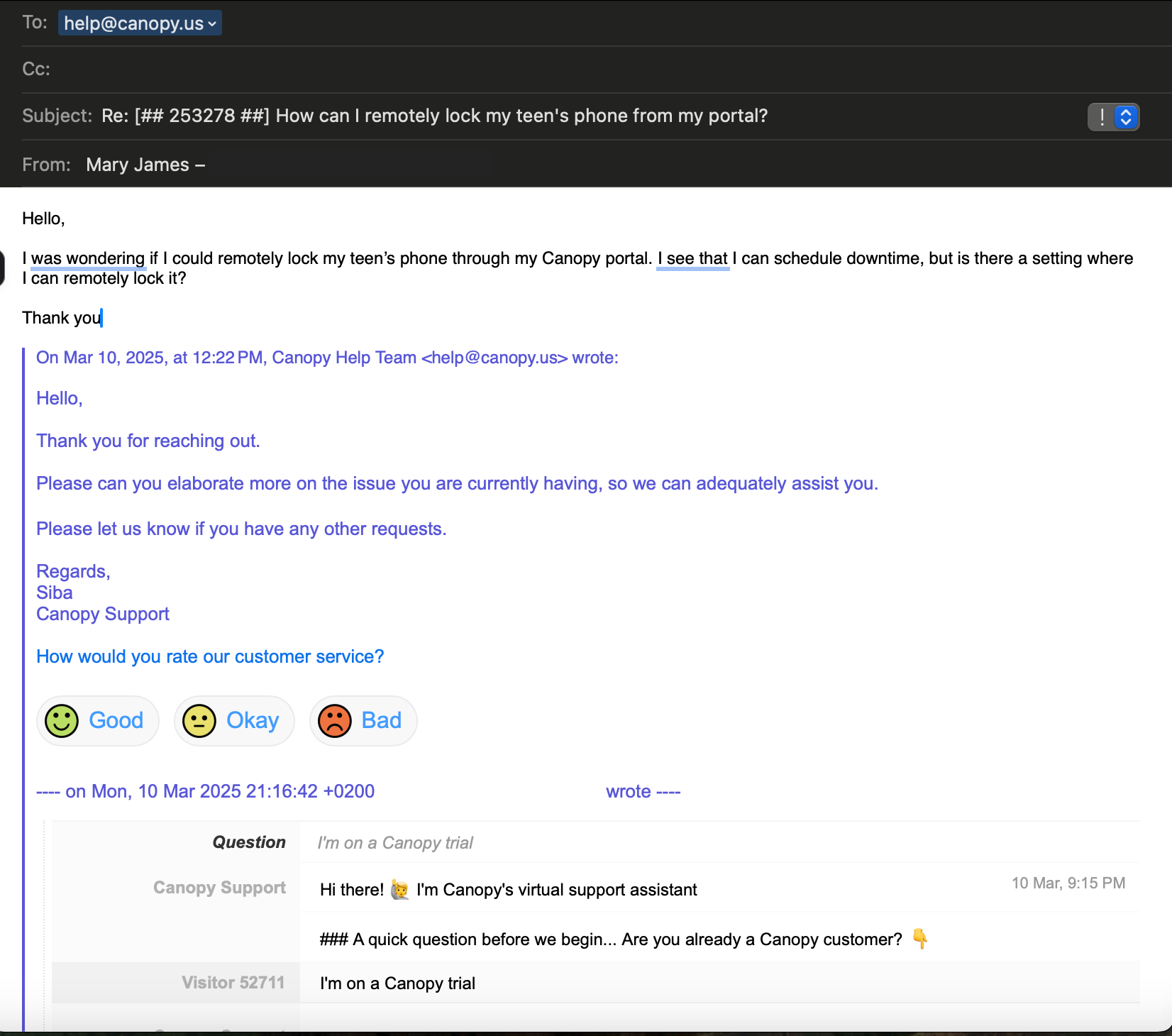 All About Cookies customer support exchange with Canopy 