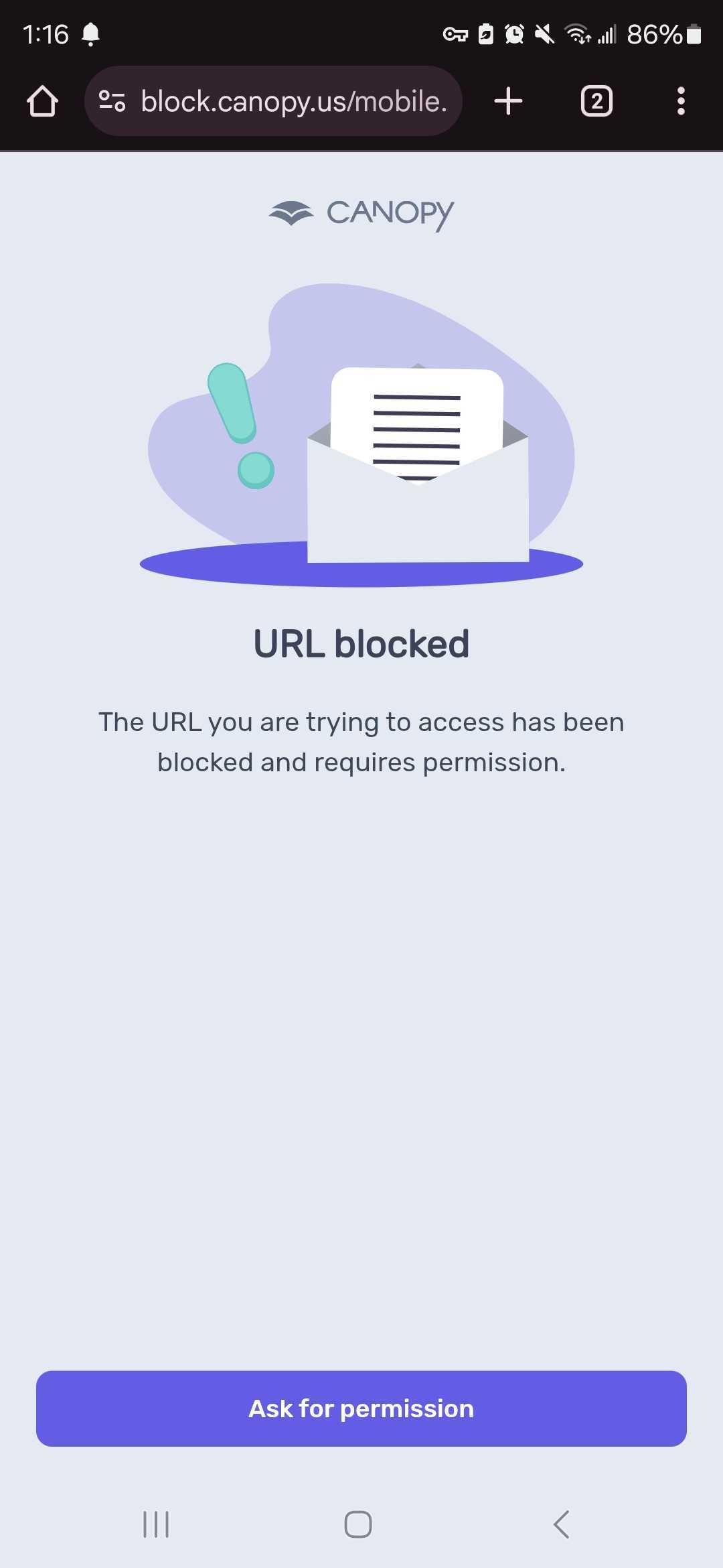 Canopy parental control app allows the child device to request permission to blocked URLs