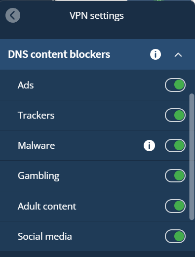 Mullvad VPN settings on DNS blockers section
