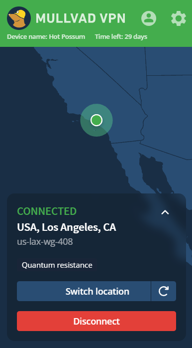 Mullvad dashboard on map page while connected to a server in Los Angeles. 