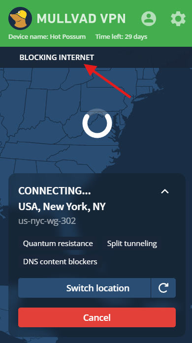 Mullvad in the process of connecting to a server with an arrow pointing at the Blocking Internet text