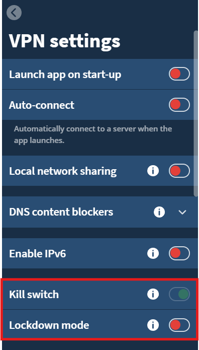 Mullvad's VPN settings with an outline around the kill switch and lockdown mode toggles