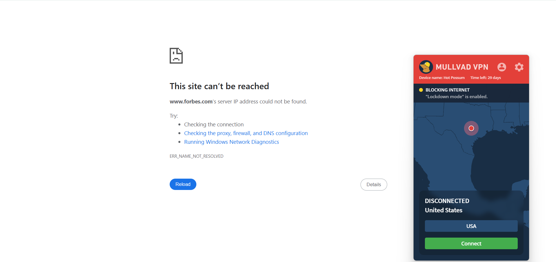 Forbes website error with Mullvad (on lockdown mode) in the foreground