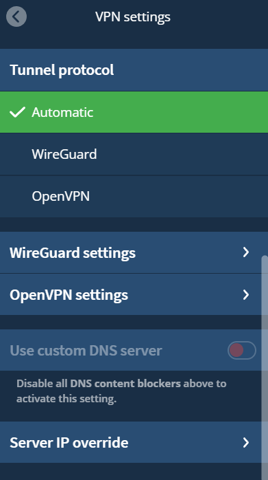 Mullvad VPN settings on Tunnel protocol section (automatic, WireGuard, and OpenVPN)