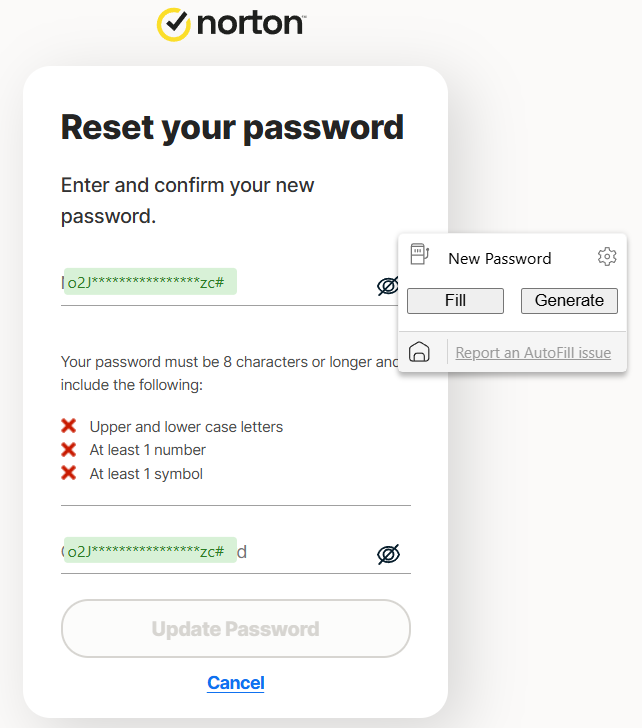 Norton Password Manager reset password page with bubbles from Roboform's password generator