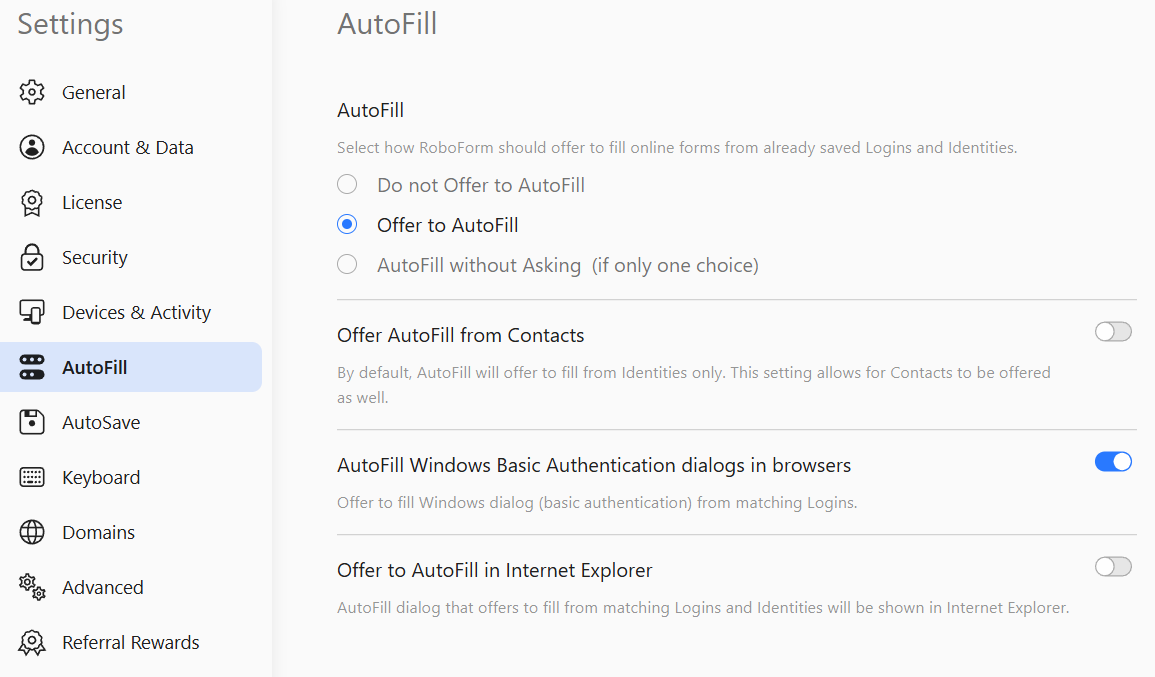 Roboform settings open on AutoFill tab