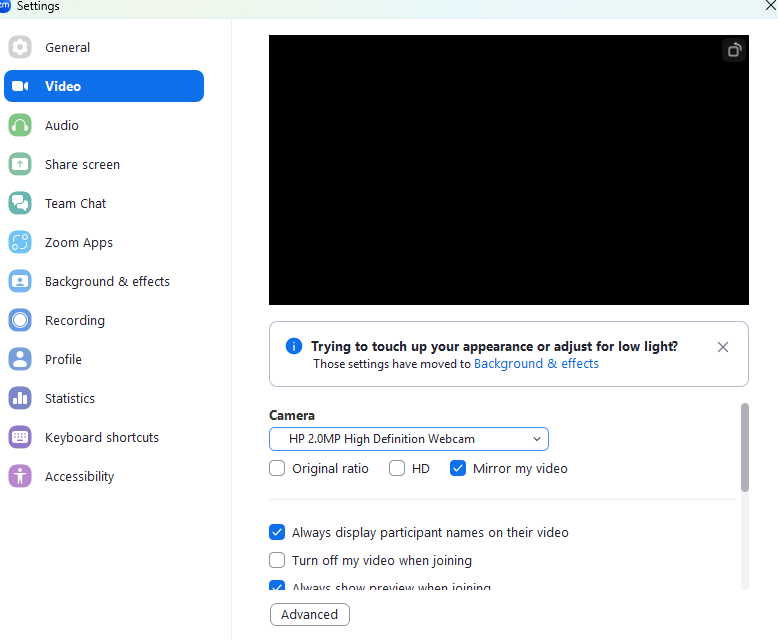 Uncheck HD in Video settings to make Zoom faster