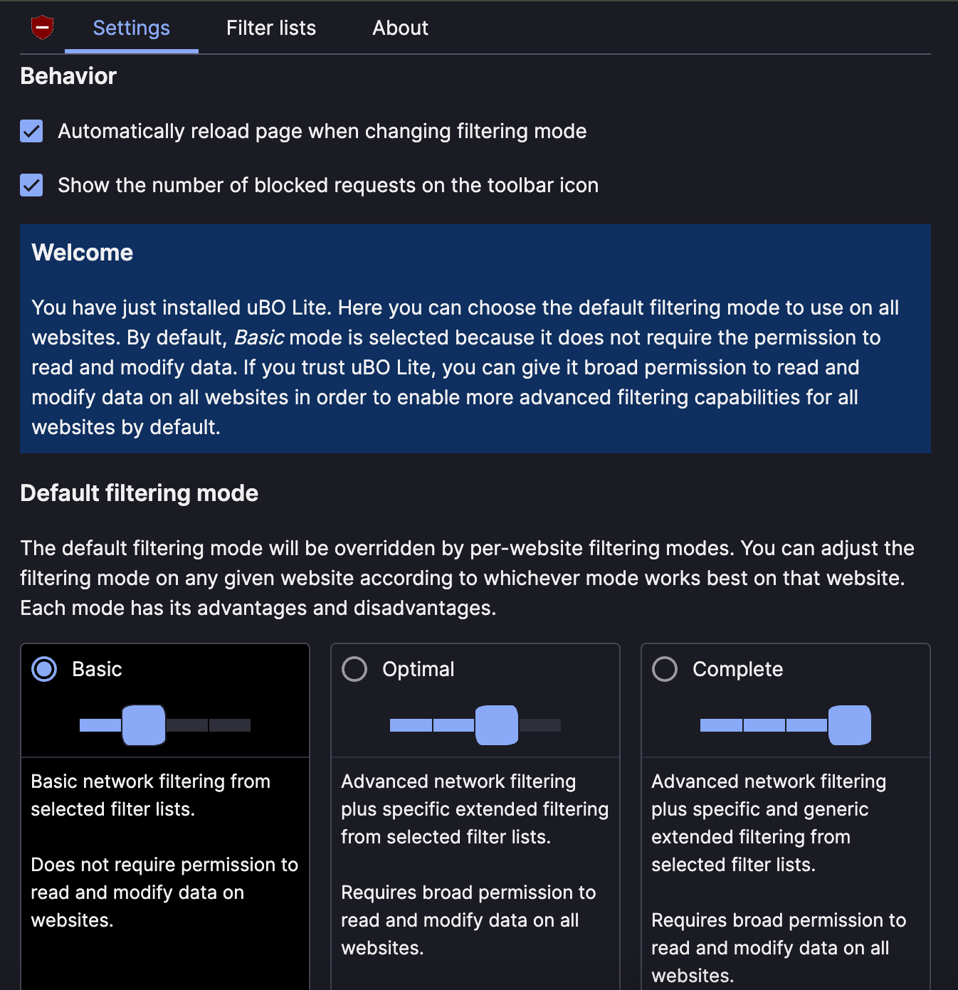 uBlock Origin Lite settings