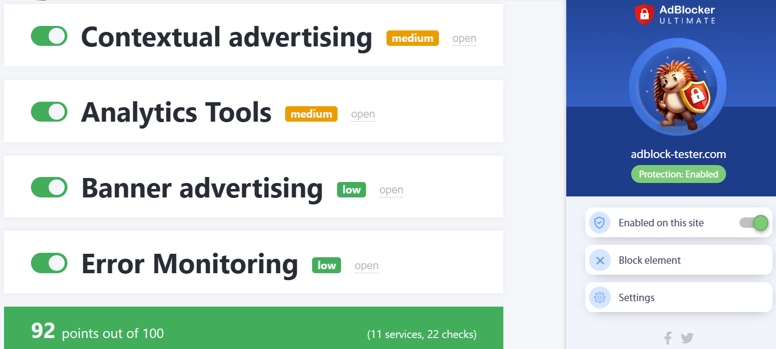 AdBlocker Ultimate's AdBlock Tester test results (92/100)