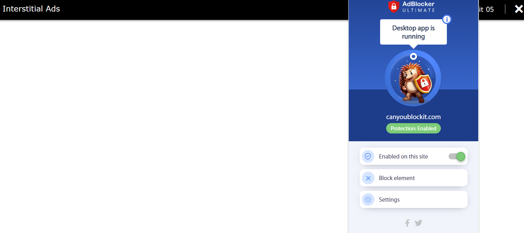 An interstitial ad with AdBlocker Ultimate extension open