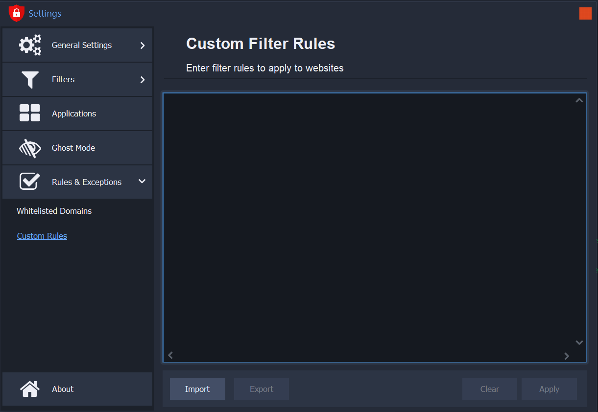 AdBlocker Ultimate settings open on Rules & Exceptions > Custom Rules