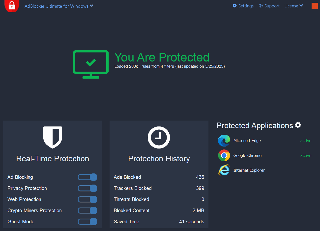 AdBlocker Ultimate desktop app dashboard 