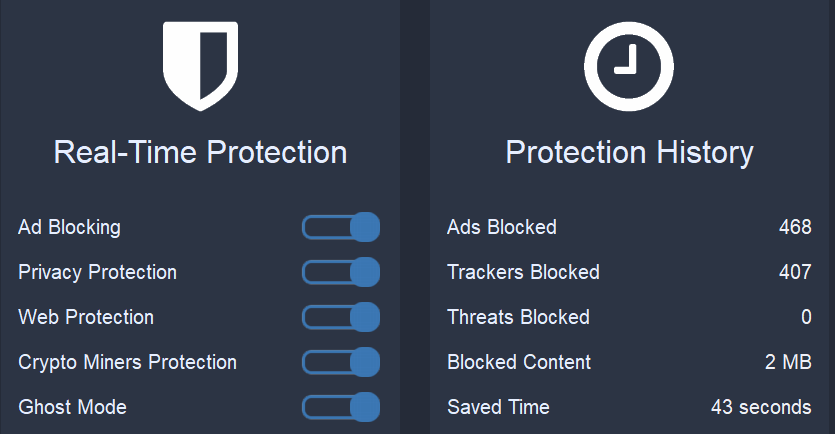 AdBlocker Ultimate toggles for Real-Time Protection and Protection History statistics