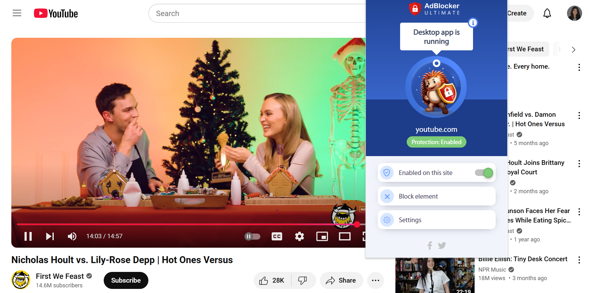A YouTube video with the AdBlocker Ultimate extension in the foreground