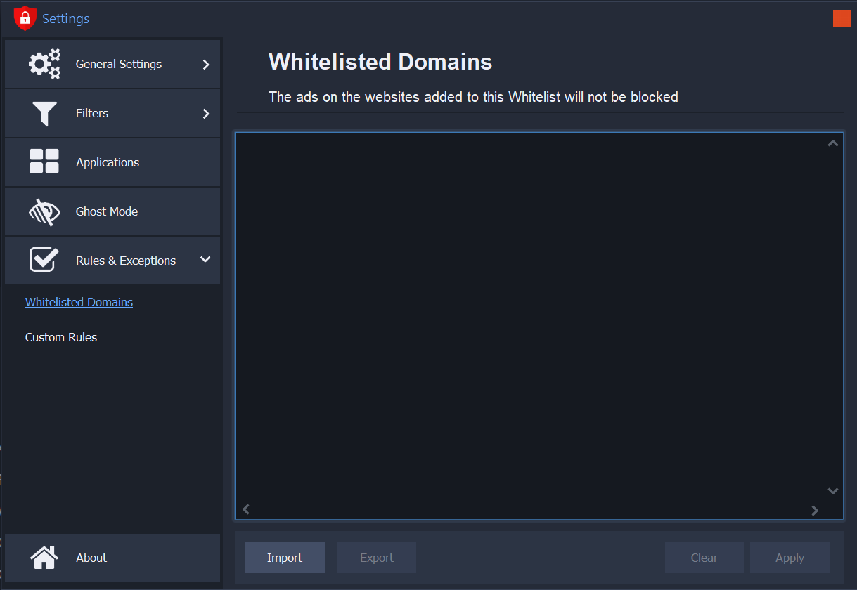 AdBlocker Ultimate settings open on Rules & Exceptions > Whitelisted Domains