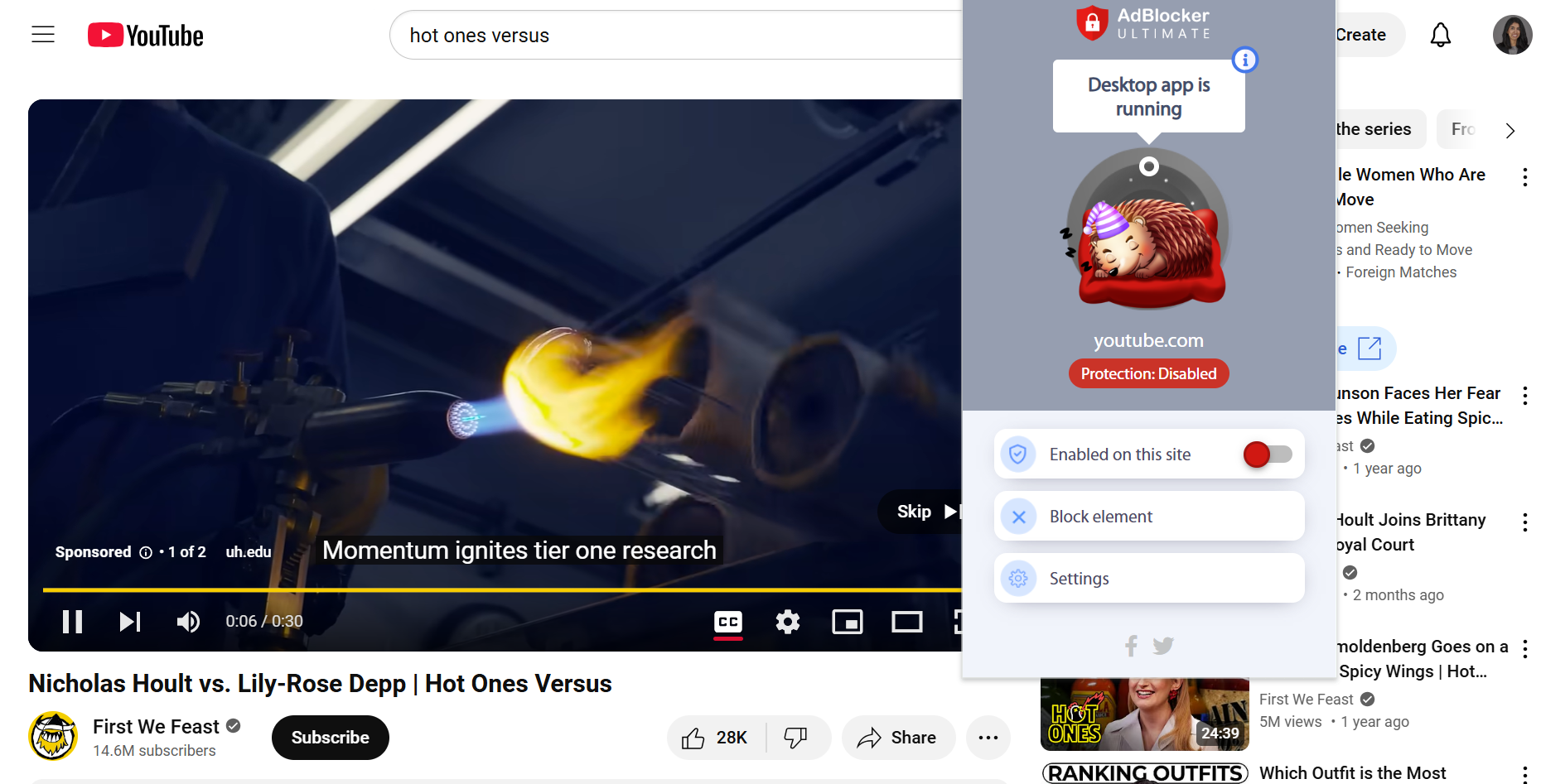 A YouTube video playing a pre-roll ad with AdBlocker Ultimate in the foreground