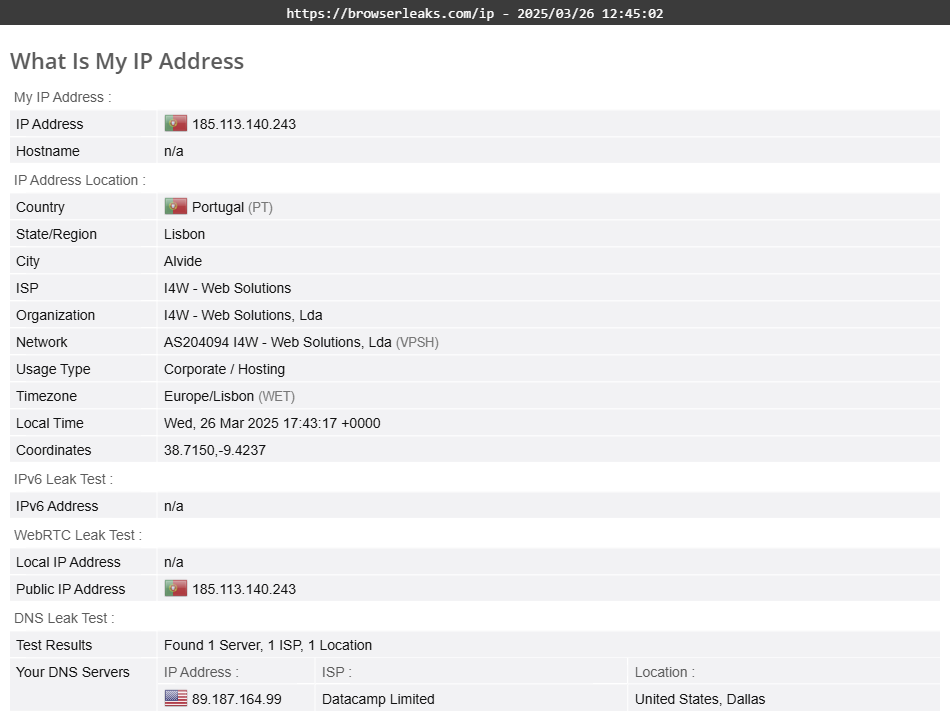 TunnelBear's DNS leak test results (pass)