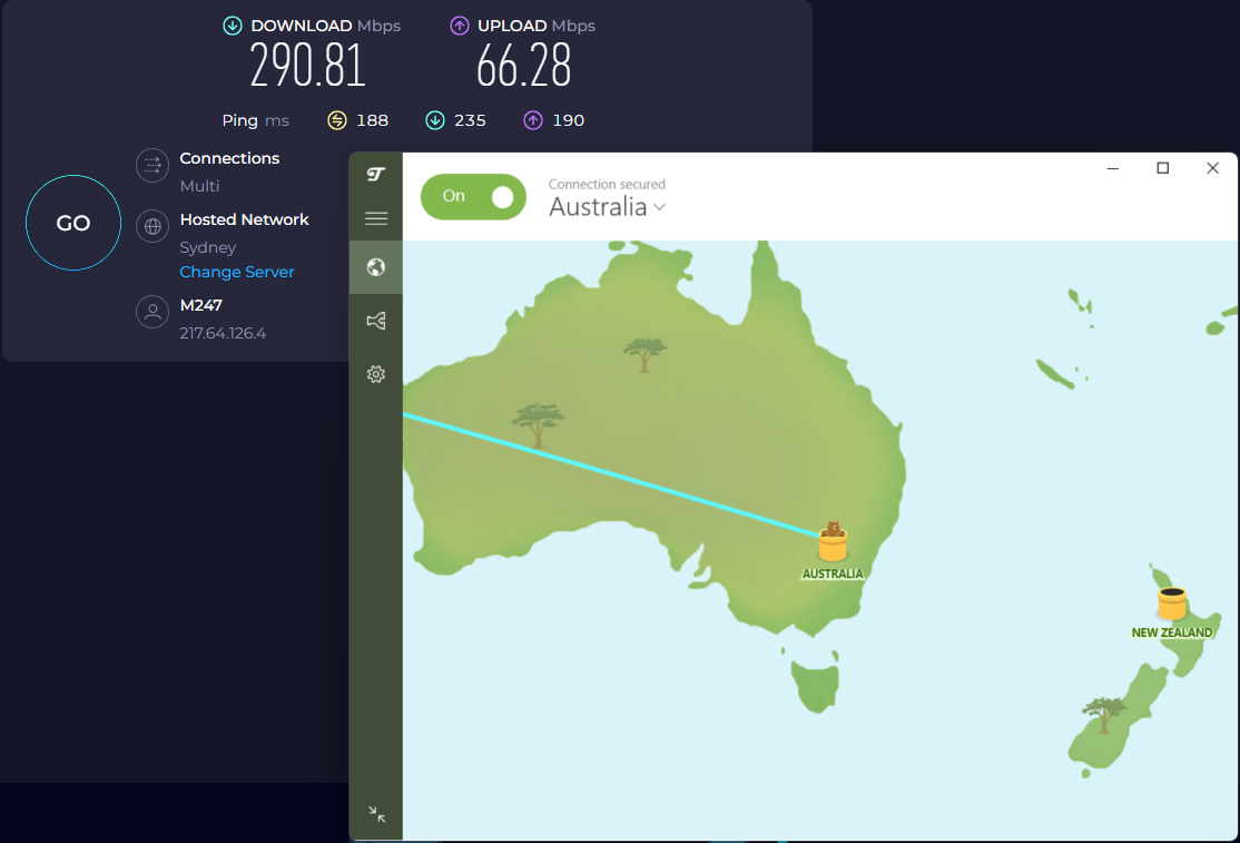 Speed test results for TunnelBear while connected to a server in Sydney (290.81 download, 66.28 upload, and 188 ping)