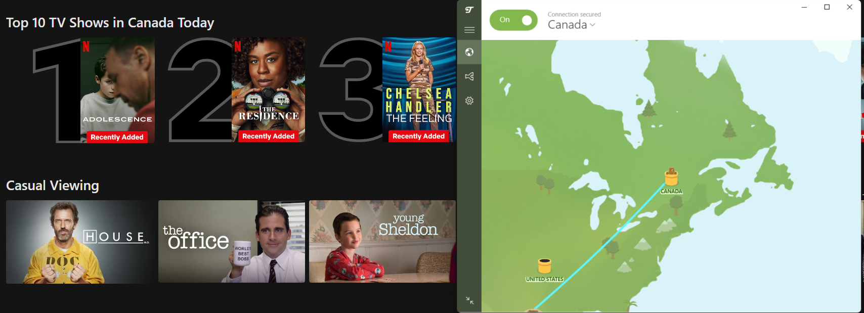Netflix list of top shows in Canada today with TunnelBear in the foreground