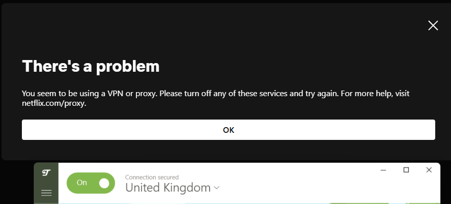 A Netflix error page flagging a VPN with the TunnelBear dashboard, connected to a UK server, below the error