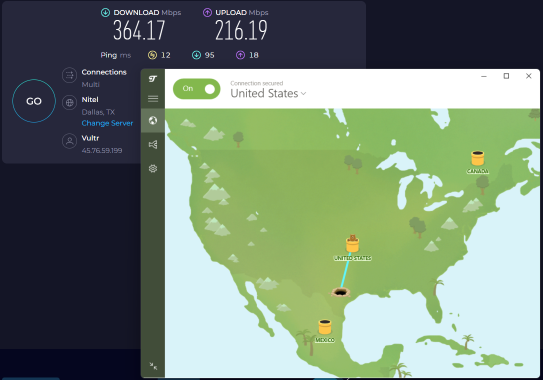 TunnelBear's speed test results while connected to a server in Dallas (364.17 download, 216.19 upload, 12 ping)