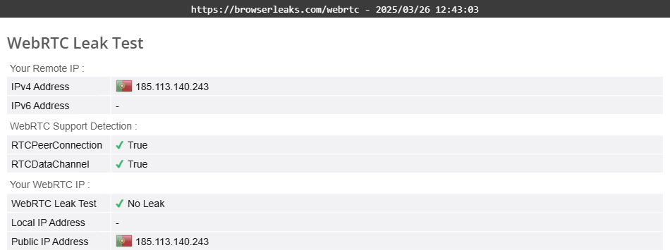 TunnelBear's WebRTC leak test results (pass)