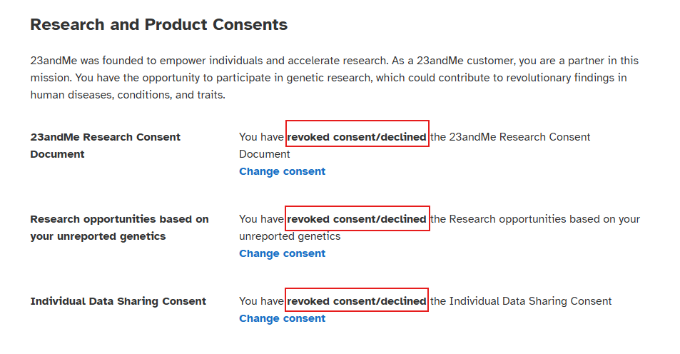 Review revoked consents 23andMe