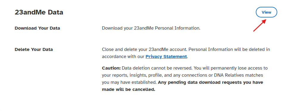Scroll down to delete or download 23andMe data