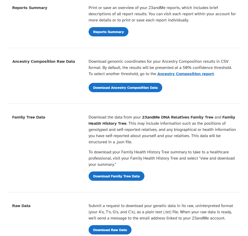 Download 23andMe account data like reports summary and family tree data