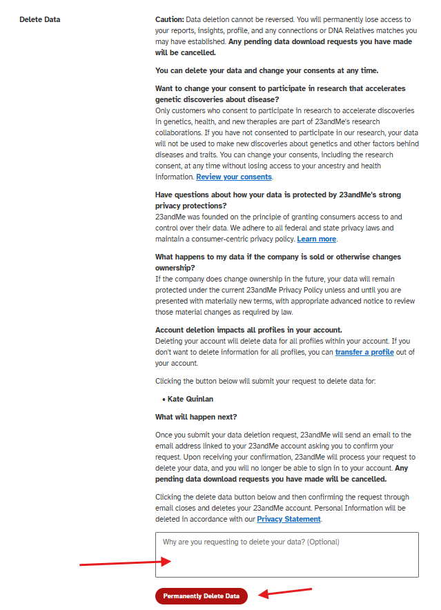 Scroll down to delete data and select permanently delete 23andMe data