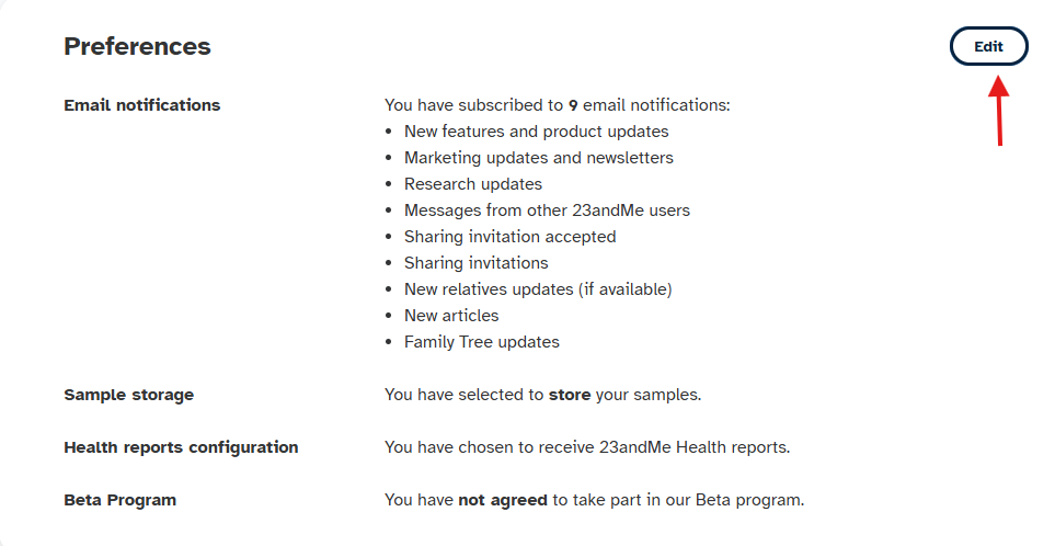 Edit Preferences to delete 23andMe test sample