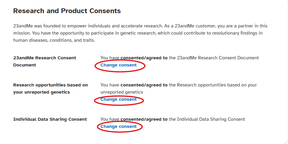 Change consent to revoke 23andMe consent